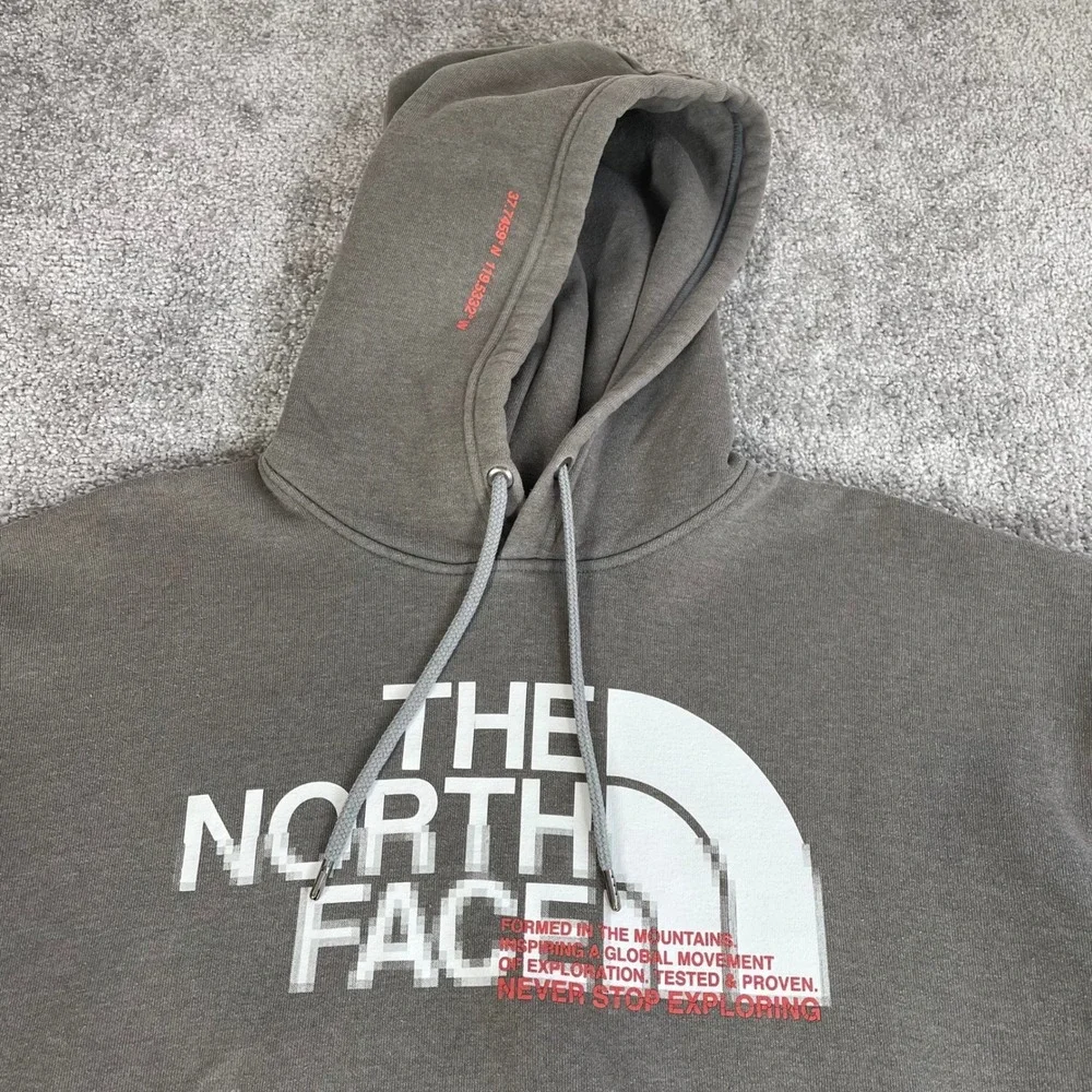 North Face Hoodie Mens Medium Sweatshirt Glitch Logo Fleece Pullover Gray